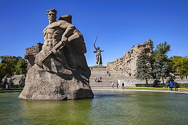 Statues in pond with fountain below the steps to the huge Motherland Ruf statue, Volgograd, Volgograd District, Russia, Europe