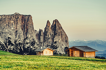 Sunrise on the Seiser Alm in South Tyrol, Italy, Europe;