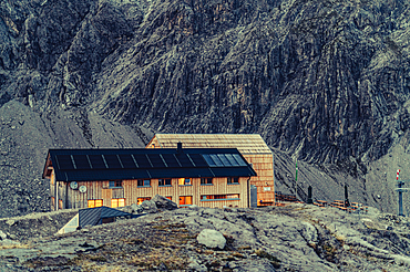 Twilight Totalphütte in the Rätikon above the Lünersee, Vorarlberg, Austria, Europe