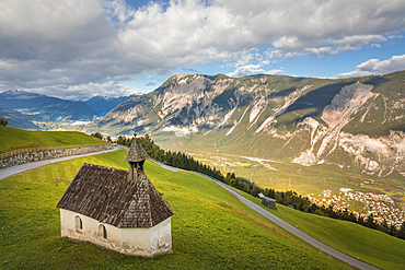 House chapel in Haimingerberg with a view of the Inn Valley, Tyrol, Austria