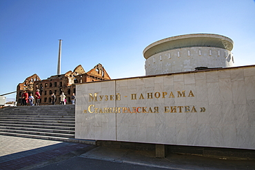 Exterior view of the Volgograd Panorama Museum and the Gerhardt Mill (one of the few remaining buildings from the Battle of Stalingrad in World War II), Volgograd, Volgograd District, Russia, Europe