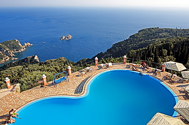 Pool terrace of the Golden Fox Hotel, Lakonas, Corfu, Ionian Islands, Greece