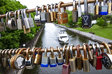 Love locks hang on bridge over the Rideau Canal, Ottawa, Ontario, Canada, North America