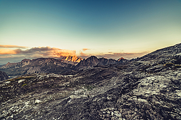 Sunset on a mountain above the Lünersee, Raetikon, Vorarlberg, Austria, Europe