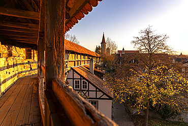 Historic city wall of Rothenburg ob der Tauber in the evening light, Middle Franconia, Bavaria, Germany