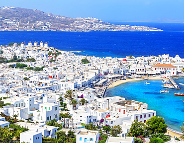 Mykonos Town and old harbour, elevated view, Mykonos, Cyclades Islands, Greece