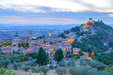 Sunset with a view to Rocca Maggiore Castle in Assisi, Perugia Province, Umbria, Italy