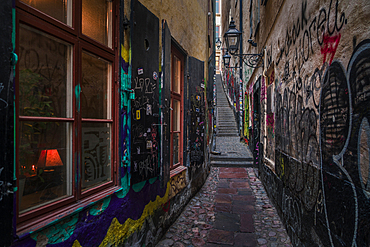 Narrow alley Mårten Potsigs Gränd in old town Gamla Stan in Stockholm in Sweden