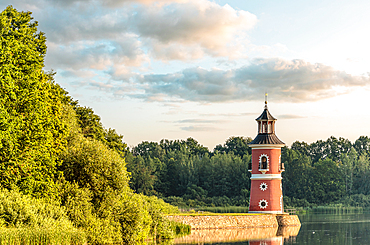 Miniature harbor and Saxony's only lighthouse at the Fasanenschlösschen near Moritzburg Castle, Saxony, Germany