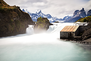 Salto Chico waterfall long exposure with Cuernos del Paine mountain range, Lago el Toro, Torres del Paine National Park, Patagonia, Última Esperanza Province, Chile, South America