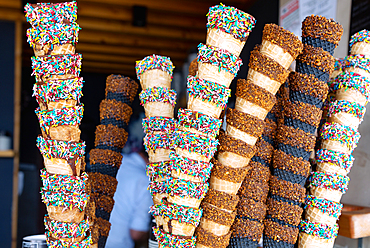 Ice cream parlor with colorful decorative ice cream cones in Vodice