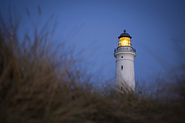 Hirtshals Lighthouse at the blue hour after sunset, Denmark