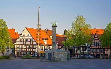 Half timbered houses in the old city of the town of Bad Salzuflen, Well, Paulinenquelle, Strasse der Weserrenaissance, Lippe, North Rhine-Westphalia, Germany, Europe