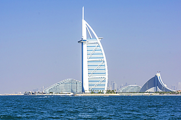 Views of Dubai, here the Burj Al Arab Hotel taken from the sea side, Dubai, United Arab Emirates, Middle East