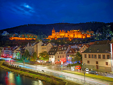 Old town and castle at night, Heidelberg, Baden-Württemberg, Neckar, Germany, Europe