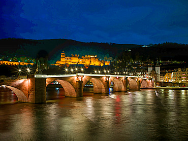 Old Bridge and Castle at night, Heidelberg, Baden-Württemberg, Neckar, Germany, Europe