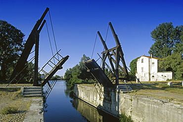 Bascule bridge above a river under blue sky, Bouches-du-Rhone, Provence, France, Europe