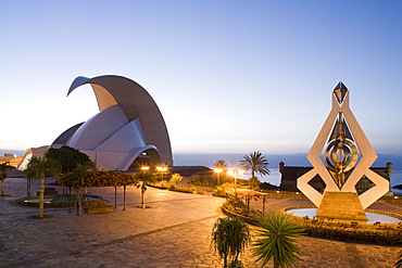 Auditorio de Tenerife, concert hall with sea view in the evening, Santa Cruz de Tenerife, Tenerife, Canary Islands, Spain, Europe