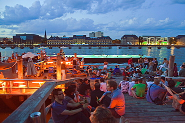 Bathing ship in River Spree at sunset, Badeschiff, Berlin, Germany