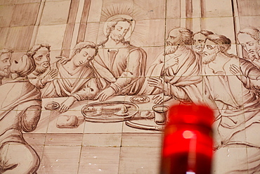 Mural in Alvor church, Jesus Christ at the Last Supper, candle, Alvor, Algarve, Portugal