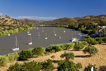 Sailing boats on the river Guadiana, boarder to Andalusia, Spain, Alcoutim, Algarve, Portugal