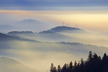 Winter's evening on the Kandel, Fog, Rosskopf with wind-power plant, Black Forest, Baden-Wuerttemberg, Germany, Europe