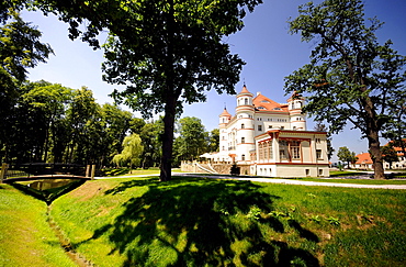 View at hotel Wojanow castle in the sunlight, Lomnica, Bohemian mountains, Lower Silesia, Poland, Europe