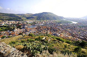 View at the town and the river Temo in the sunlight, Bosa, Sardinia-centre, Italy, Europe