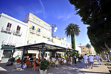 People at a sidewalk cafe at the town Carloforte, Isola di San Pietro, South Sardinia, Italy, Europe