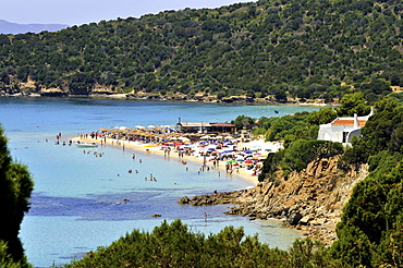 View at people on the beach at Costa del Sud, South Sardinia, Italy, Europe