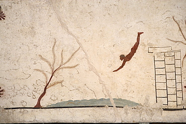 Ceiling painting, Tomb of the Diver in the archaeological museum of Paestum, UNESCO World Cultural Heritage, Cilento, Campania, Italy