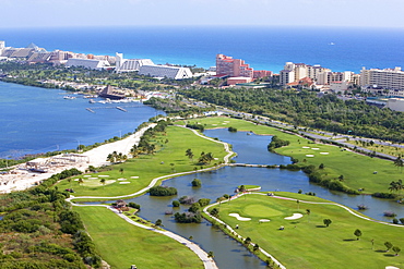 Aerial view of the Hilton Cancun Spa Resort in the Zona Hotelera, Cancun, State of Quintana Roo, Peninsula Yucatan, Mexico