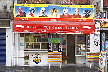 Cafeteria with paintings which illustrate masks of the Lucha libre, district of Alameda, Mexico City, Mexico D.F., Mexico