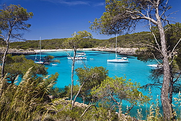 Sailing yachts anchoring in the bay of s'Amarador, Cala MondragÃ›, Mallorca, Balearic Islands, Mediterranean Sea, Spain, Europe