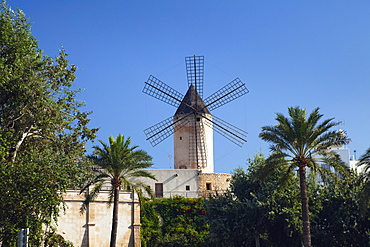 Historic windmill of Es Jonquet at the Old Town of Palma, Mallorca, Balearic Islands, Mediterranean Sea, Spain, Europe