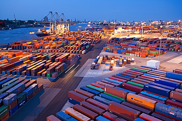 High angle view of container port at night, Port of Hamburg, Germany