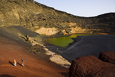 Crater of extinct volcano, Charco de los Clicos, salt water, green colour through phytoplancton, El Golfo, UNESCO Biosphere Reserve, Lanzarote, Canary Islands, Spain, Europe