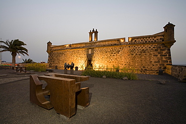 Sculpture near the castle, Castillo de San Jose, museum of contemporary art, Museo Internacional de Arte Contemporanea, interior design by artist and architect Cesar Manrique, Arrecife, Lanzarote, Canary Islands, Spain, Europe