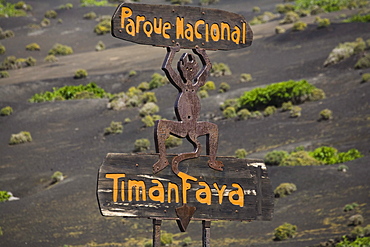 Symbol of the devil on a sign, volcanic landscape, Parque Nacional de Tiimanfaya, Montanas del Fuego, UNESCO Biosphere Reserve, Lanzarote, Lanzarote, Canary Islands, Spain, Europe