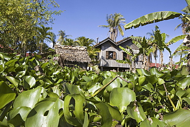 Huts on stilts at the island Koh Deik in the Mekong River, Cambodia, Asia