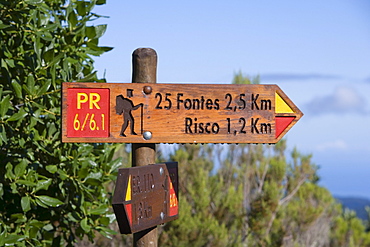 Sign showing the Levada Walk to the 25 Fontes and Risco waterfalls, Near Rabacaul, Madeira, Portugal