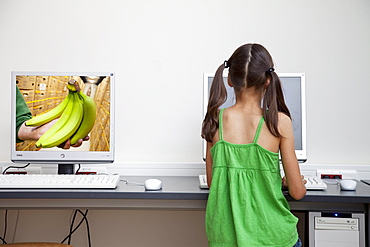 Schoolgirl using computer, Hamburg, Germany