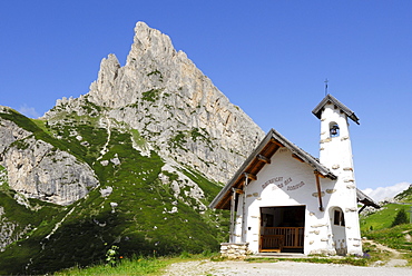 Chapel at Falzarego Pass, Sasso di Stria in background, Dolomites, Veneto, Italy