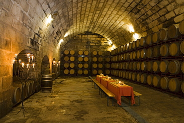 Table setting in the cellar of Bodegues Santa Catarina Winery, near Andratx, Mallorca, Balearic Islands, Spain, Europe