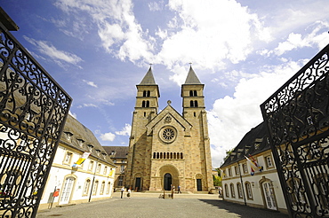 Basilica under clouded sky, Echternach, Luxembourg, Europe