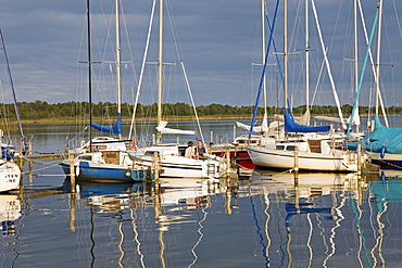 yachts berthed, lake Steinhuder reflections, Lower Saxony, Germany