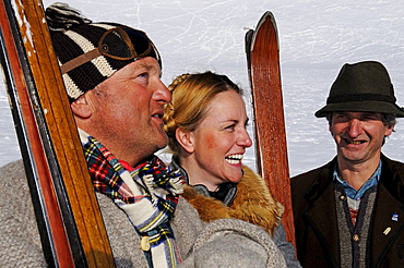 Traditional Skiers, Sella Ronda, Groedner Joch, Groeden, South Tyrol, Italy, MR