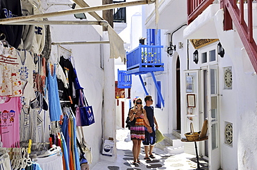 People in the narrow lanes of town, island of Mykonos, the Cyclades, Greece, Europe