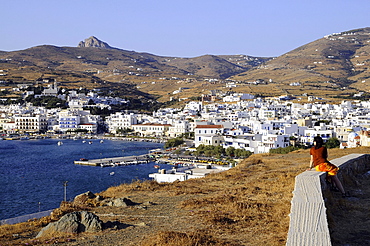 View at the town of Tinos and the harbour, island of Tinos, the Cyclades, Greece, Europe