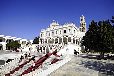 People on the stairs in front of pilgrimage basilica Panagia Evangelistria, Tinos-town, island of Tinos, the Cyclades, Greece, Europe